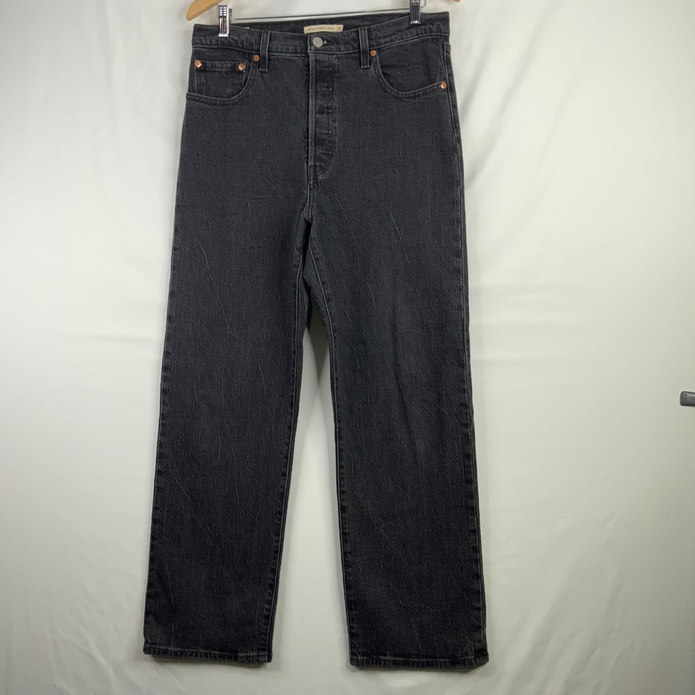Levis Premium Ribcage Straight Ankle Jeans Womens 31 Black High Rise Button Fly